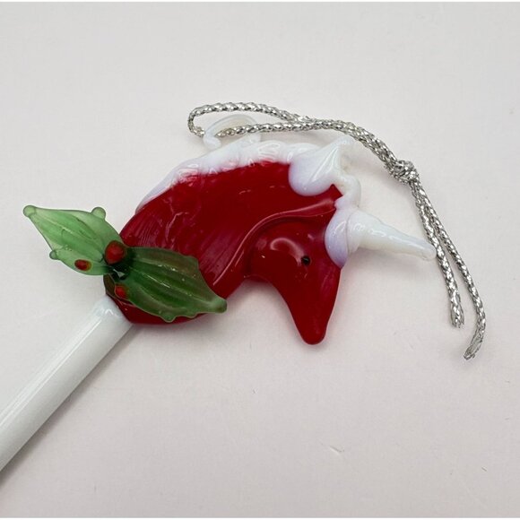 Vintage Glass Unicorn Stick Christmas Tree Ornament Swizzle Style Holly Accent - Picture 5 of 7